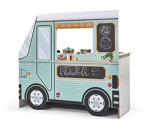 Plum Roleplay Kids Indoor Wooden 2 in 1 Street Food Truck and Play Kitchen with Light Up and Sound Hobs with Utensils, Oven, Washing Machine and Sink 3 Years Plus L90 x W31 x H79cm