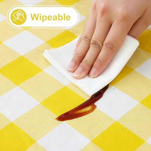 Image of misaya Round Waterproof Vinyl Table Cloth, Buffalo Flannel Backed Tablecloth, Wipeable Plastic Table Cover for Dinner, Kitchen, Picnic (60 inch, Yellow and White)
