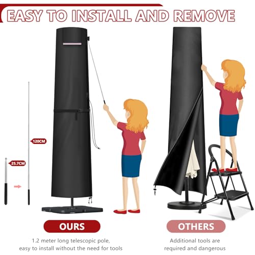 LAMUNI Schutzhülle für Sonnenschirm Hülle Wasserdicht Gartenschirm Schutzhüllen mit Stab, 420D Oxford Abdeckung Ampelschirm Winterfest Abdeckhauben für Marktschirm/Balkonschirm, 220x30/50cm