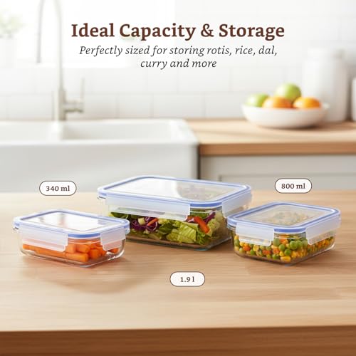 Image of Amazon Brand - Solimo Rectangular Glass Food Storage Container, Pack of 3, Airtight, Microwave & Freezer Safe, Transparent