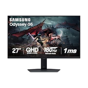 SAMSUNG 27-Inch Odyssey G50D Series QHD Fast IPS G-Sync Compatible Gaming Monitor, 1ms, VESA DisplayHDR 400, 180Hz, AMD FreeSync, Adjustable Stand, Eye Saver Mode, LS27DG500ENXZA, 2024