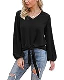 VIISHOW Womens Tie Front Knot Lartern Sleeve Loose Fit V Neck Floral Blouses Chiffon Tops Shirts, Pure Black, XX-Large