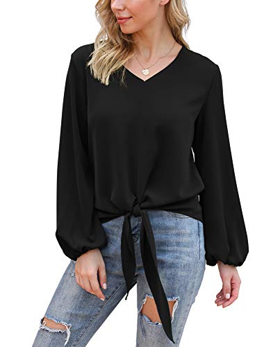 VIISHOW Womens Tie Front Knot Lartern Sleeve Loose Fit V Neck Floral Blouses Chiffon Tops Shirts