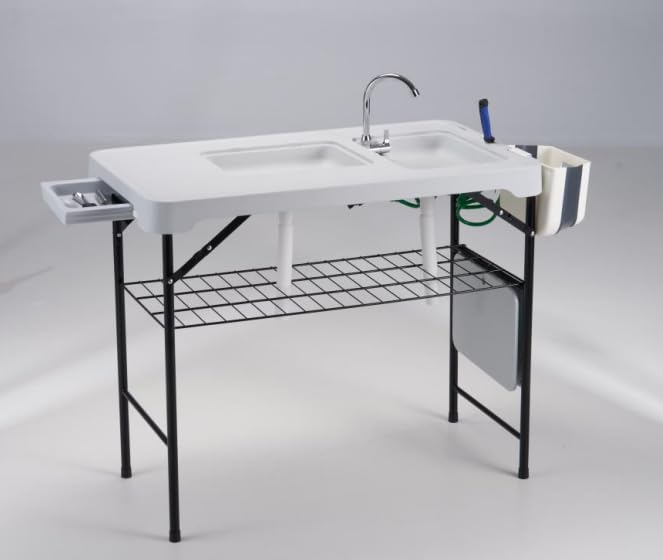 Dragosum Outdoor Sink Fish Cleaning Table Portable Camping Table with Faucet Hose Hook Up Grid Rack, Fish Fillet Camping Sink Table with 7pc Fish Cleaning Kit for Picnic Beach Patio(Grey)