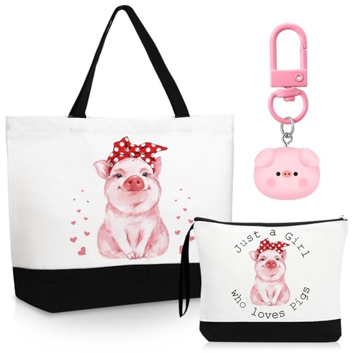 3 Pcs Pigs Lover Gift for Women Pink Pig Canvas Tote Bag Travel Cosmetic Bags Keychain Portable Makeup Zipper Pouch with Handle Funny Piggy Shopping Birthday Vbs Housekeepers Week Gift