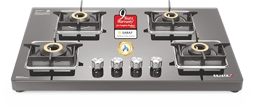 Image of Sujata Premium Gas Stove Auto Ignition | 9 Years Warranty | Gas Stove 4 Burners Glass Top, SABAF, ISI Certified, LPG & PNG Compatible, 360 Rotating Brass Gas Nozzle, Jumbo Brass Burner (Black)