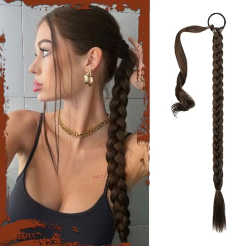 Sofeiyan Extensión de Coleta Trenzada con Coletero 66cm Extensiones de Pelo Largo Liso Trenza Coleta Postizos de pelo Sintéticos Naturales para Mujer，Negro Mezclado con Tonos Marrones