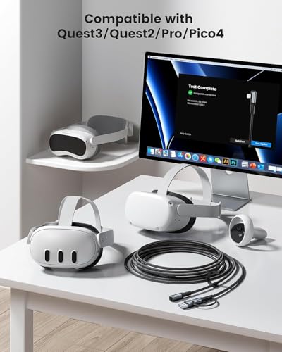 Image of INICIO USB C VR Link Cable 16ft /5m, Dual Type C + USB A 3.0 Adapter 5Gbps High Speed Data Transfer For Meta Oculus Quest 3 Quest 2 Pro Pico4 Virtual Reality Headsets SteamVR Gaming PC Macbook
