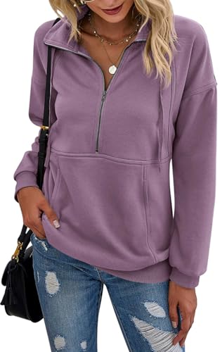 Image of PRETTYGARDEN Women's Casual Long Sleeve Zipper Sweatshirt Drawstring Loose Quarter Zip Pullover Tops with Pockets
