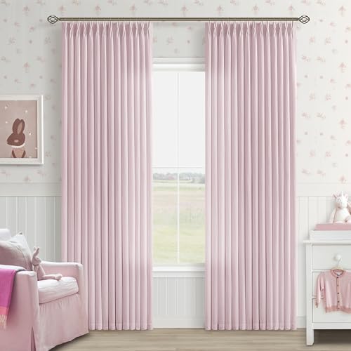 Image of Light Pink Pinch Pleated Semi Sheer Curtains 84 Inch Long for Girls Bedroom | Living Room Nursery, Soft Thick Flax Linen Textured, Boho, Hook Rings Memory Shape, Dusty Pink, Light Filtering Semi Sheer