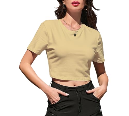 Image of Betusline Girls & Women Basic Summer Short Sleeve Slim Fit T-Shirts Soft Crewneck Crop Y2k Tee Cute Gym Fashion Clothes