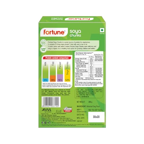 Image of Fortune Soya Chunks, 15x more protein than milk, 200 grams / 200g+25g (Pack of 3)