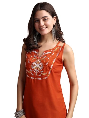 Image of EthnicJunction Women's Bottle Green Cotton Silk Yoke Embroidery Shoulder Strpe Straight Short Kurti | Regular Fit Kurti |Navratri speical Kurti