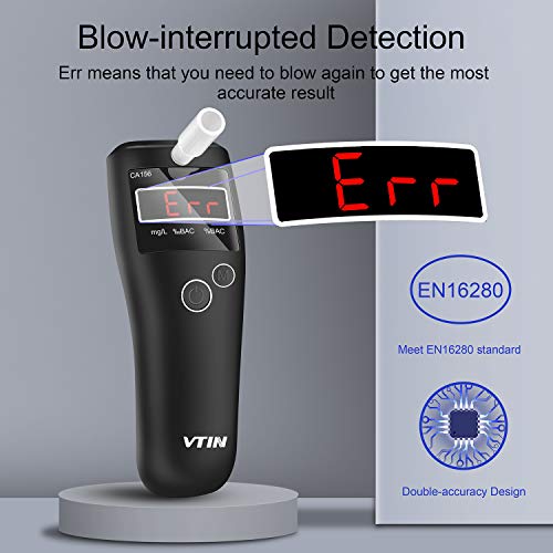 VTIN BAC Breathalyzer to Test Alcohol with Respiration Interruption Monitoring, Portable Breath Alcohol Tester with Ergonomic Design & 10pcs Mouthpieces for Personal & Professional Use