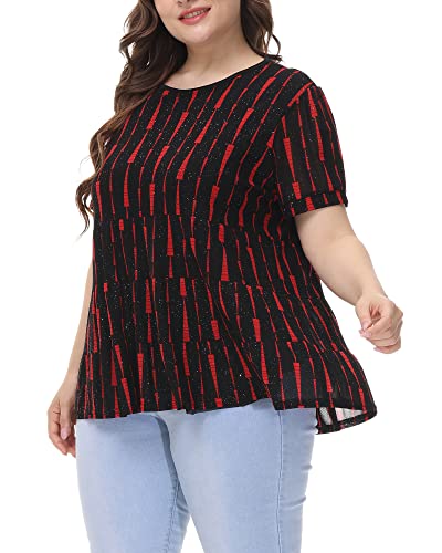 Allegrace Womens Plus Size Tunics Double Layered Flowy Floral Shirts Short Sleeve Chiffon Blouses Tops Red Sequin Geometric 3X #TOP5