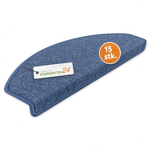 Kettelservice-Metzker Stufenmatten Treppe Rambo, 15er Set, halbrund, Blau, ca. 65 x 24 x 4 cm, Flor 6 mm, Trittschall ~20 dB, Polypropylen, PVC-Winkel, gekettelte Kanten