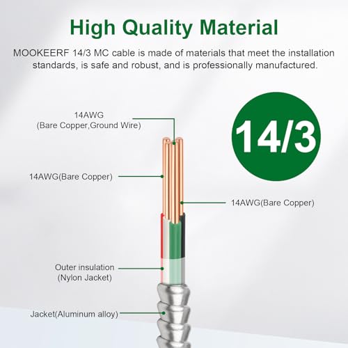 Image of MOOKEERF 14 /3 MC Cable with Ground - 250FT Pure Copper 14AWG /3 Metal Clad Wire with Aluminum Armor 14 Gauge 3 Conductor Type MC Alum Cable