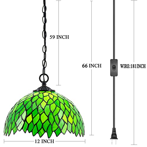 Werfactory Tiffany Pendant Light Plug In Green Wisteria Stained Glass 12 Inch Hanging Lamp Decor Island Kitchen Bar Hallway Dining Bedroom Entryway Home Office (Led Bulb Included) S523 Series #TOP1