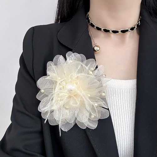 Image of Large Silk Camellia Flower Lapel Brooch Pin for Women Girls Handmade Fabric Rose Flower Floral Feather Faux Pearl Brooches Pins Dainty for Wedding Party Dance Suit Dress Accessories Jewelry Gifts