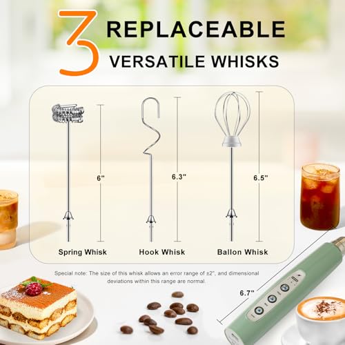 Image of YUSWKO Granite Green Handheld Milk Frother Wand for Coffee, Rechargeable Electric Whisk with 3 Heads 3 Speeds Drink Mixer Coffee Frother For Latte, Cappuccino, Hot Chocolate, Egg