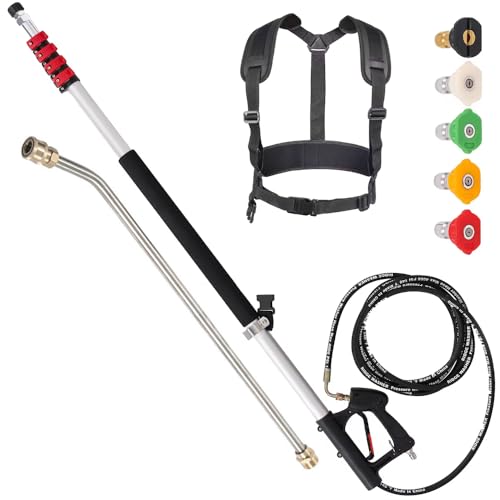 ALSTON 6m Telescoping Pressure Washer Wand Max 4000PSI Length Extendable and Adjustable with Support Belt Spray Wand and 5 Spray Nozzles for High Reach Roof Fence