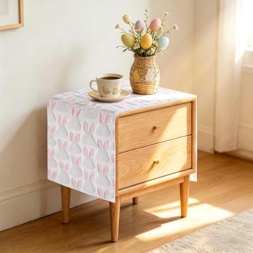 tiosggd Small Table Runner 36 Inch, Faux Fur Bunny Jacquard Dresser Scarf, Cute White and Pink Rabbit Coffee Table Cover for Nightstand, Console, Spring Summer Holiday Dresser Decor — view 4