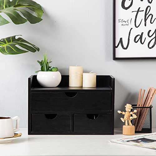 Vergoodr Rustic Distressed White 3-Tier Wood Desk Organizer With 3 Drawers Mini Desk Storage Shelf For Desk, Toiletries Vanity Office Supplies (Black) #TOP5