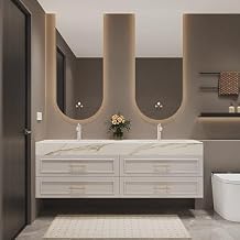 Modern 60IN White Bathroom Vanity - One-Piece Sink Basin, Double Vanity & 4 Drawers, LED Mirror with Lights