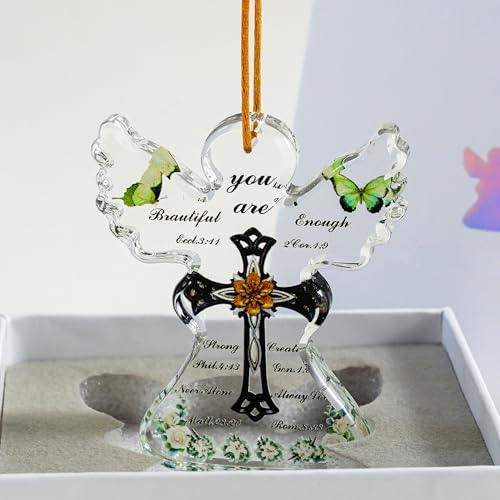 LOULIQIGIFT Glass Angel Memorial Decor Religious Spiritual Plaque with Cross Bible Verses for Her Decorative Christmas Hanging Angel Ornament for Mom Friend Wife