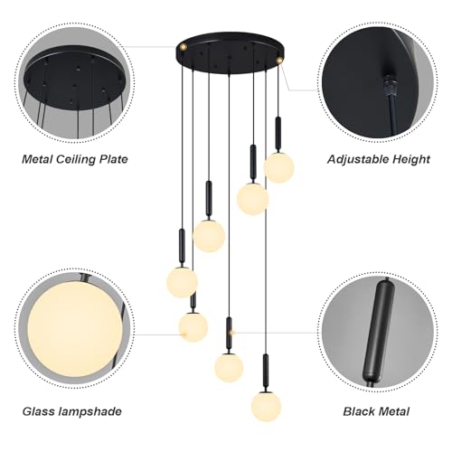 Image of 7-Lights Black Chandelier with Milk White Glass Hanging Fixture Light