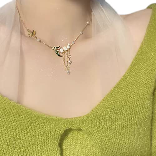 Lily Of The Valley Necklace And Ear Cuffs Green Paint Leaves And Freshwater Pearl Necklace Gift For Women Mom Friends Bride #TOP4