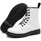 BENPAO Womens Combat Boots White Black Ankle Boots Lace Up Classic Fashion Booties(White,US9)