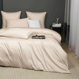 Luofanfei Housse de Couette Coton 220x240 Beige Satin de Coton Parure de Lit Doux Soyeux Respirant Lyocell Soie Linge de Lit 2 Personne avec Fermeture Éclair et Taies d'oreiller 65x65 cm