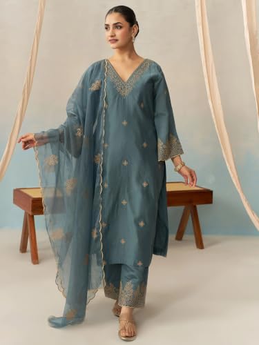 Image of Royal Export Women's Kurta Set | Viscose Silk Floral Embroidered Straight Kurta Pant Dupatta Set Kurta Sets for Women | Ladies Kurta Set