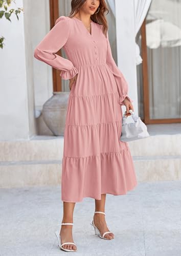 PRETTYGARDEN Long Sleeve Dress for Women 2025 Fall V Neck Tiered Aline Spring Elegant Modest Flowy Wedding Guest Maxi Dresses