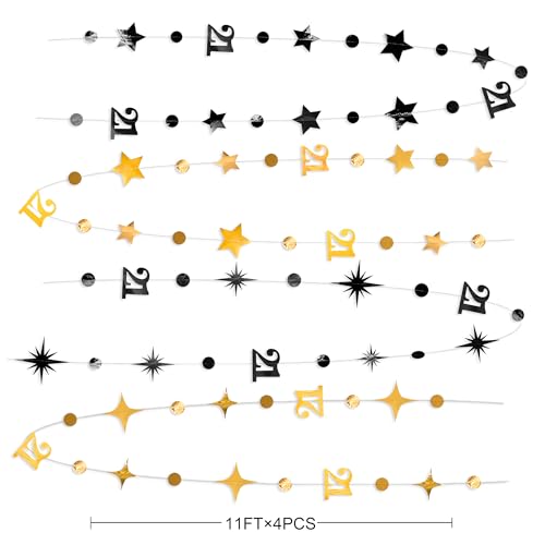 Image of Black Gold 21st Birthday Decorations Number 21 Circle Dot Twinkle Star Garland Hanging Streamer Banner Backdrop for Girls Boys Cheers to 21 Years Finally Legal Bday 21st Anniversary Party Supplies