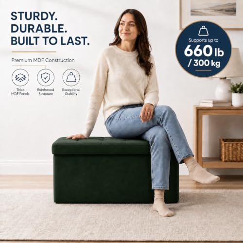 Image of ALASDO 30 Inch Folding Storage Ottoman Bench with Hidden Storage, Velvet Storage Ottoman Foot Rest Stool, End of Bed Bench for Bedroom, Living Room, Entryway and Closet, Dark Green