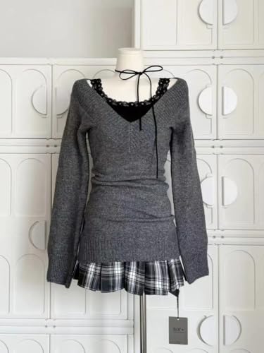 Image of Women Vintage Coquette V-Neck Slim Fit Sweater Y2K Aesthetic Long Sleeve Knitted Pullovers Top
