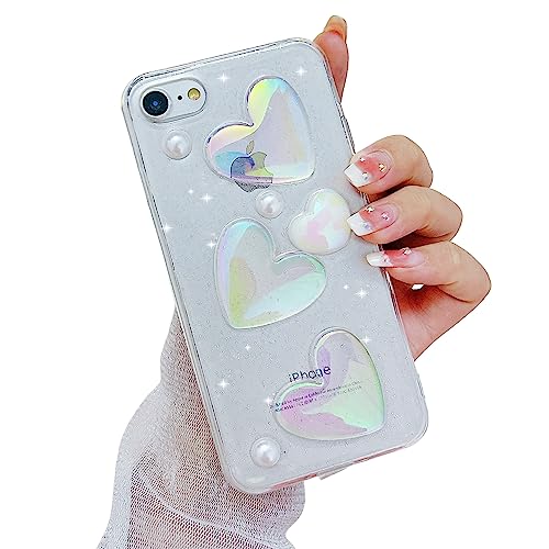 leobray Compatible with iPhone 6/6s Case for Women Girls,Cute 3D Gradient Hearts Design Crystal Pearl Glitter Bling Case Sparkle Sparkly Slim Soft TPU Protective Clear Cover for iPhone 6/6S