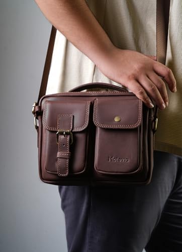 حقيبة كروس رجالي بتصميم عرضي جلد طبيعي 100% شنطة كروس رجالي من الجلد الطبيعي حقيبة كروس رجالية مع حزام كتف مقاس 24*20سم من Motevia (Brown)