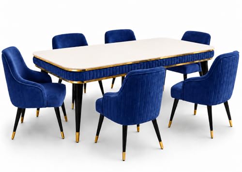 Image of WOODEN SPACE 6-Seater Wooden Dining Table Set | Nano Composite Marble Top | Solid Wood Base | Modern Dining Room Furniture with 6 Chairs (Navy Blue Modern Zyro)
