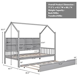 Twin House Bed with Trundle, Montessori Platform Bed Frame with Headboard and Storage Shelves, Wood Playhouse Bed with 14" Fence for Kids Girls Boys, Gray, 77.5" L x 42.1" W x 68.1" H Twin House Bed with Trundle Montessori Platform Bed Frame with Headboard and Storage Shelves Wood Playhouse Bed with 14 Fence for Kids Girls Boys Gray 775 L x 421 W x 681 H