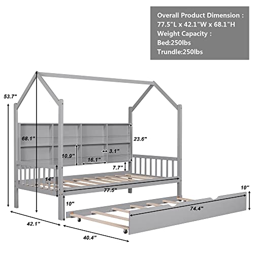 Twin-House-Bed-with-Trundle-Montessori-Platform-Bed-Frame-with-Headboard-and-Storage-Shelves-Wood-Playhouse-Bed-with-14-Fence-for-Kids-Girls-Boys-Gray-775-L-x-421-W-x-681-H Twin House Bed with Trundle Montessori Platform Bed Frame with Headboard and Storage Shelves Wood Playhouse Bed with 14 Fence for Kids Girls Boys Gray 775 L x 421 W x 681 H