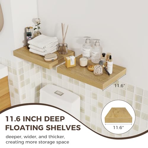 Image of Fun Memories 12 Inch Deep Floating Shelves, 16 x 12 Wooden Wall Shelves, Extra Deeper & Thicker Rustic Wall Mounted Storage Shelf for Fireplace, Living Room, Kitchen, Farmhouse, Oak - 2Pack