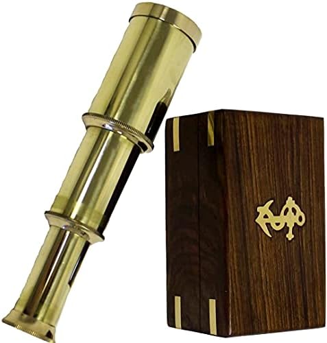 Golden & Red 6 Solid Full Brass Handheld Telescope - Nautical Pirate Spy Glass with Wood Box image 3