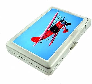 Cigarette Case with Built in Lighter Vintage Airplane S6 Smoking King Size Cigarettes Silver Metal Wallet 4" X 2.75" RFID Protection Aircraft Plane