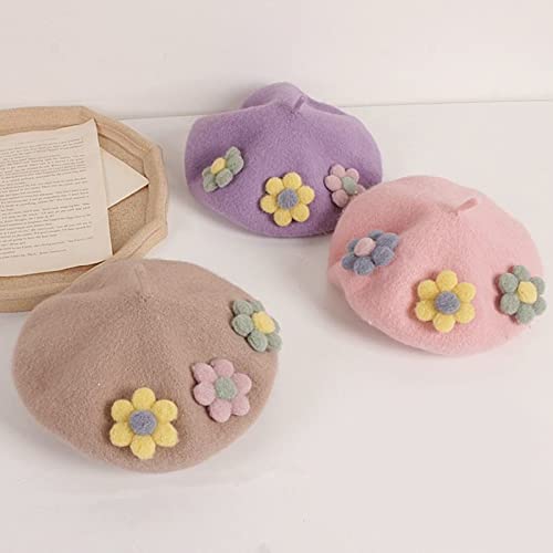 Fashion Three Flowers Children Girls Octagonal Hat Warm Wild Painter Hat Daughter for Birthday Festival Photo Pink3