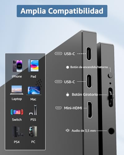 Puertos de conexión del Monitor Portátil Yodoit, incluyendo USB-C, Mini-HDMI y más, mostrando amplia compatibilidad