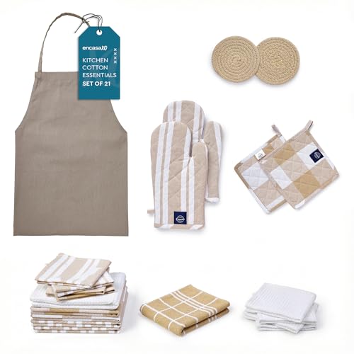 Image of Encasa XO Kitchen Towels and Dishcloths Sets | 21 Pcs Apartment Essentials Set | Oven Mitts and Pot Holders with Hanging Loop | Cooking Apron, Dish Cloth, Flour Sack and Coasters Beige Combo