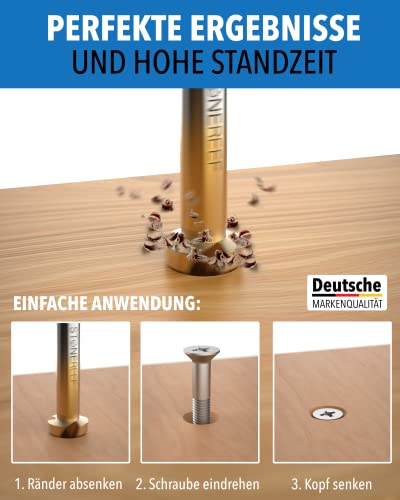Senkbohrer Set aus HSS Stahl [6-teilig inkl. Aufbewahrungsbox] – für Metall & Holz, Kegelsenker, Versenker, Holzsenker, Entgrater – präzises Bohren und Senken für Profis